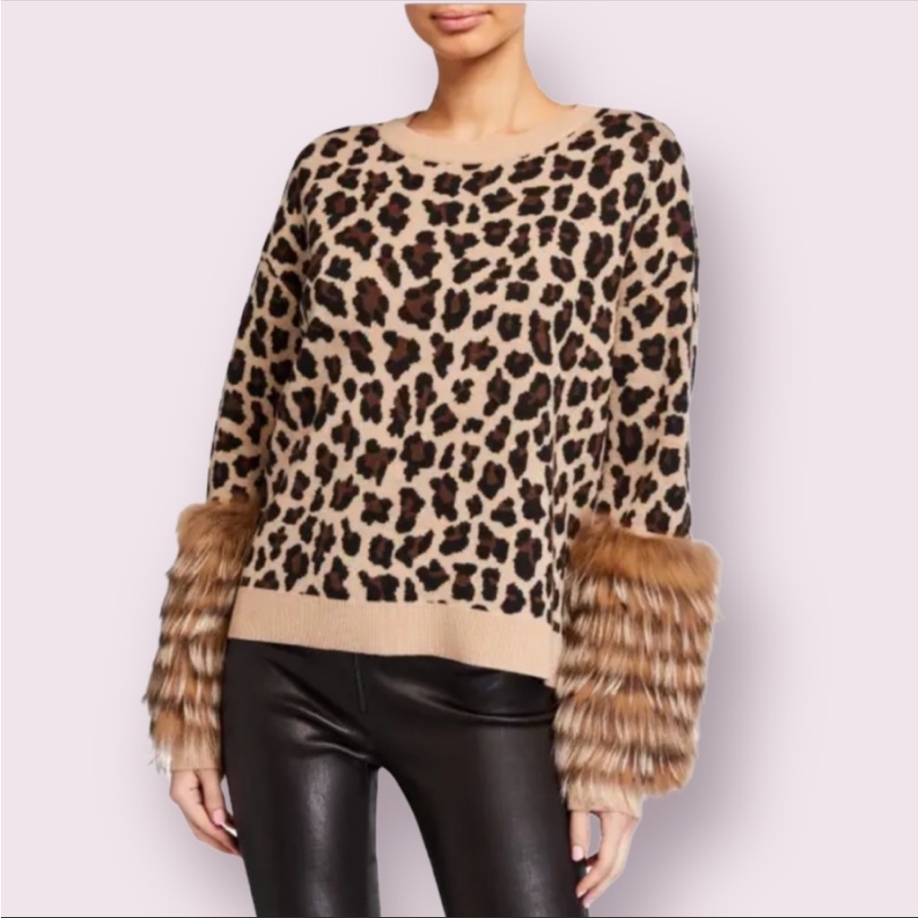 Alice + Olivia Shiela Leopard-Print Pullover With Fur Cuffs